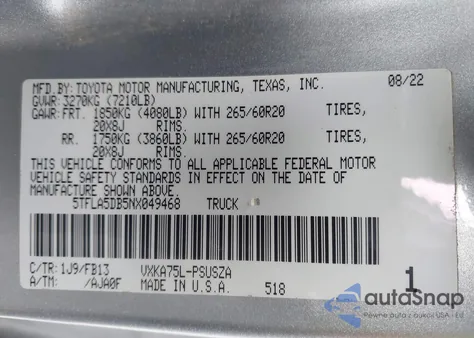 2022 Toyota Tundra Sr5 z USA, uszkodzony, nr VIN 5TFLA5DB5NX049468